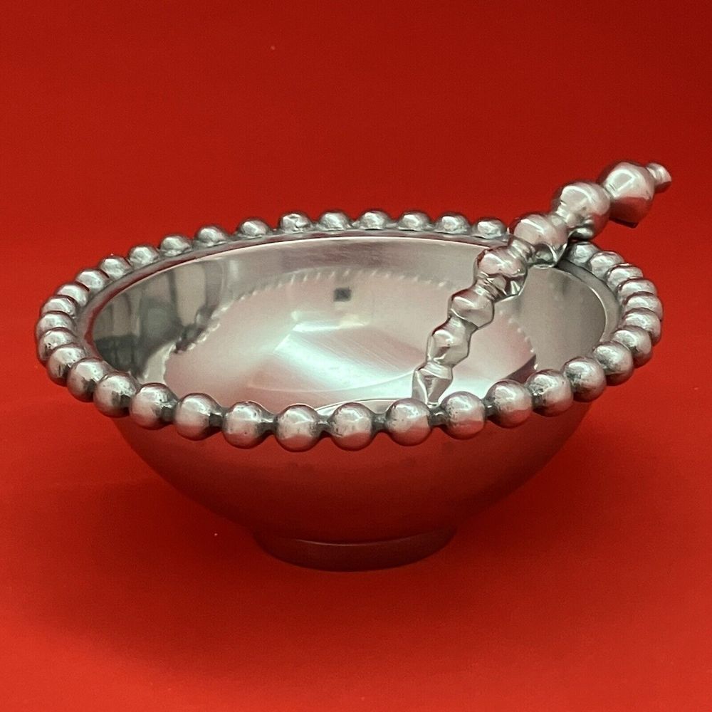 String of Pearls Beaded Aluminum Small 6" Bowl‎ With Spoon (India)